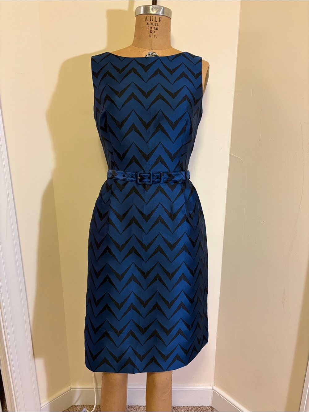 Anne Klein Blue and Black Chevron Midi Sheath Dress